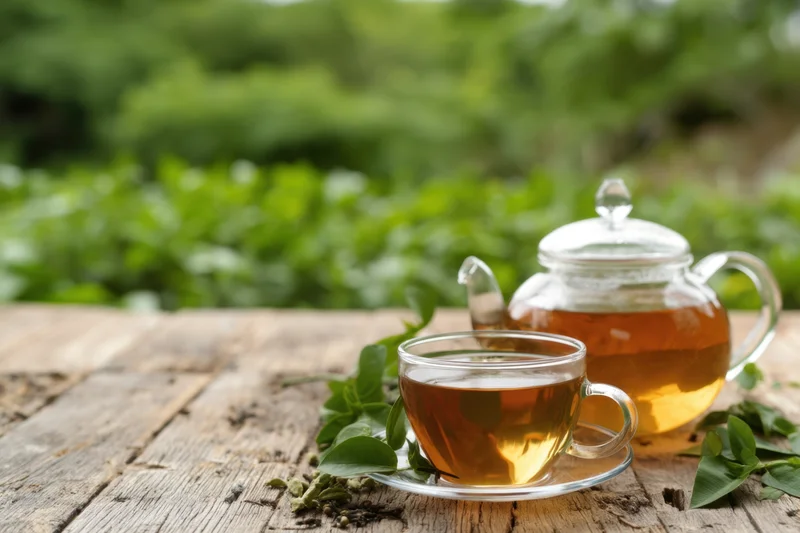 Clear glass teapot and matching cup filled with amber tea on a rustic wooden table outdoors surrounded by green foliage