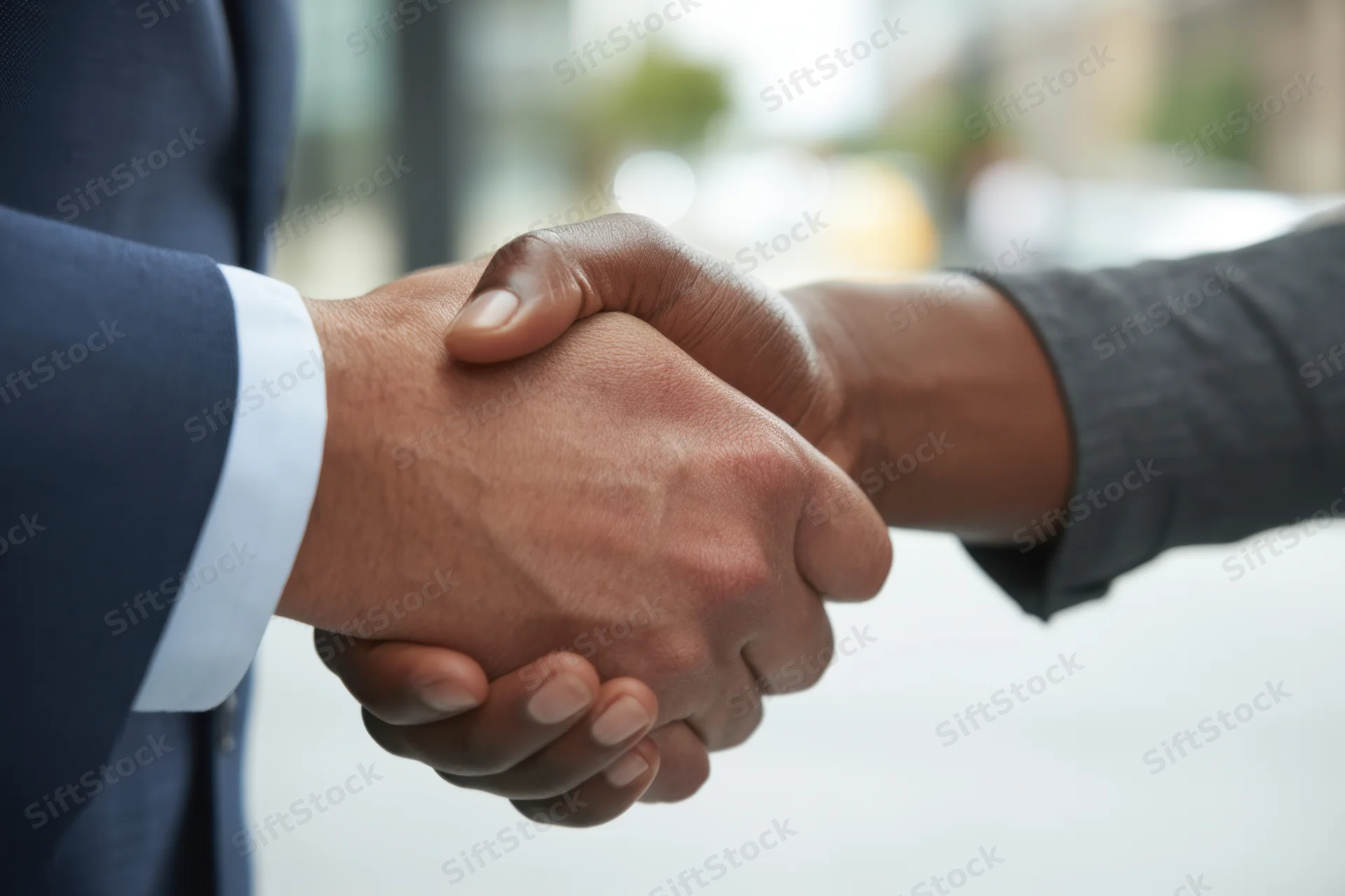 Close-up of two business professionals shaking hands outdoors in a formal agreement gesture