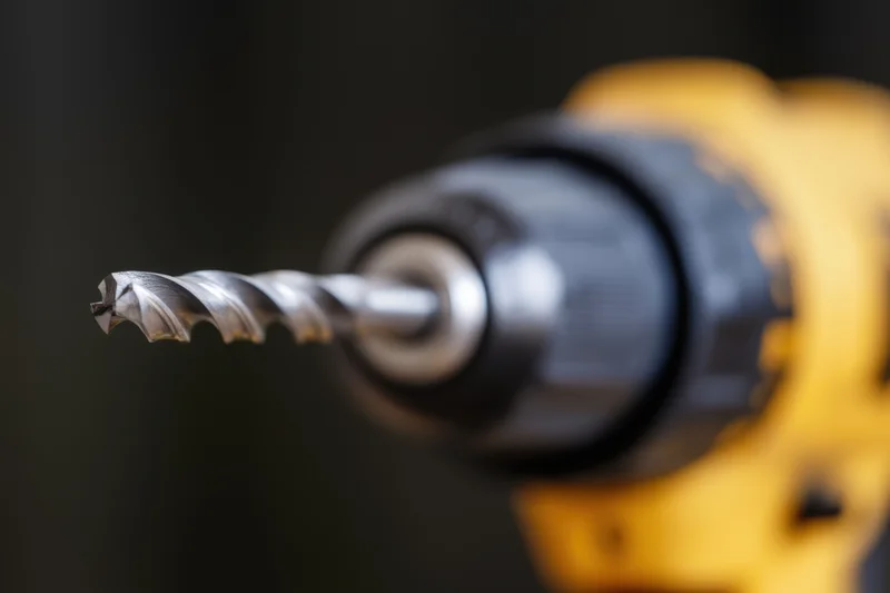 Close-up of a cordless drill with a metallic spiral drill bit in focus against a blurred background