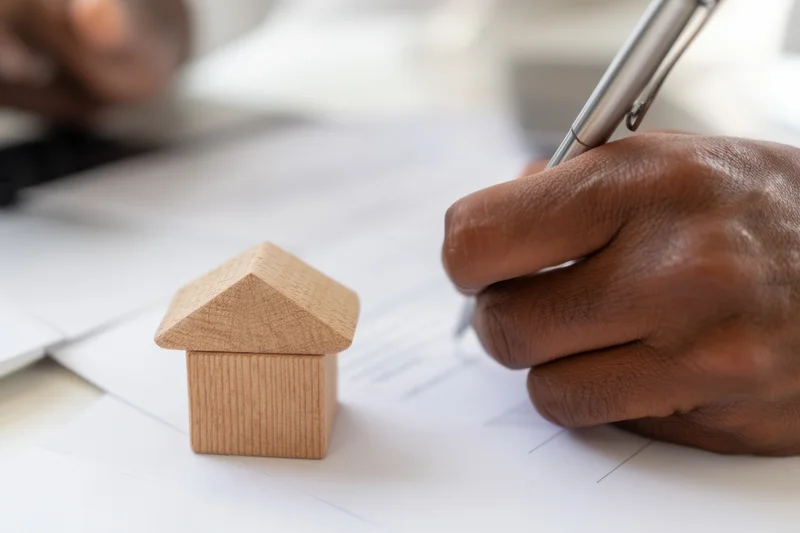 Hand signing a document next to a wooden house model on a desk