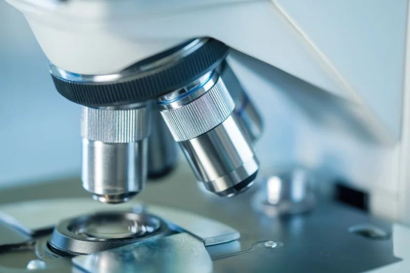 Close-up of microscope objective lenses above a slide stage in a laboratory setting