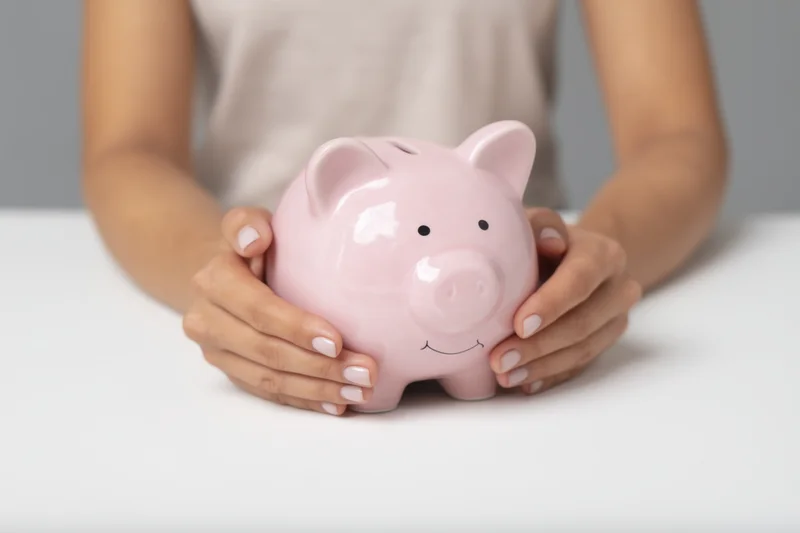Woman holding pink ceramic piggy bank on white table