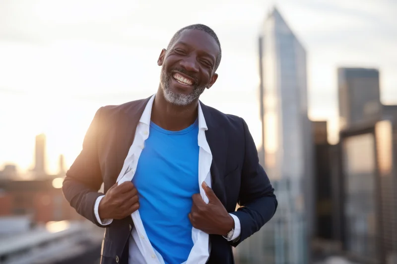 Confident man in business suit laughing while opening his blazer on a city rooftop at sunset