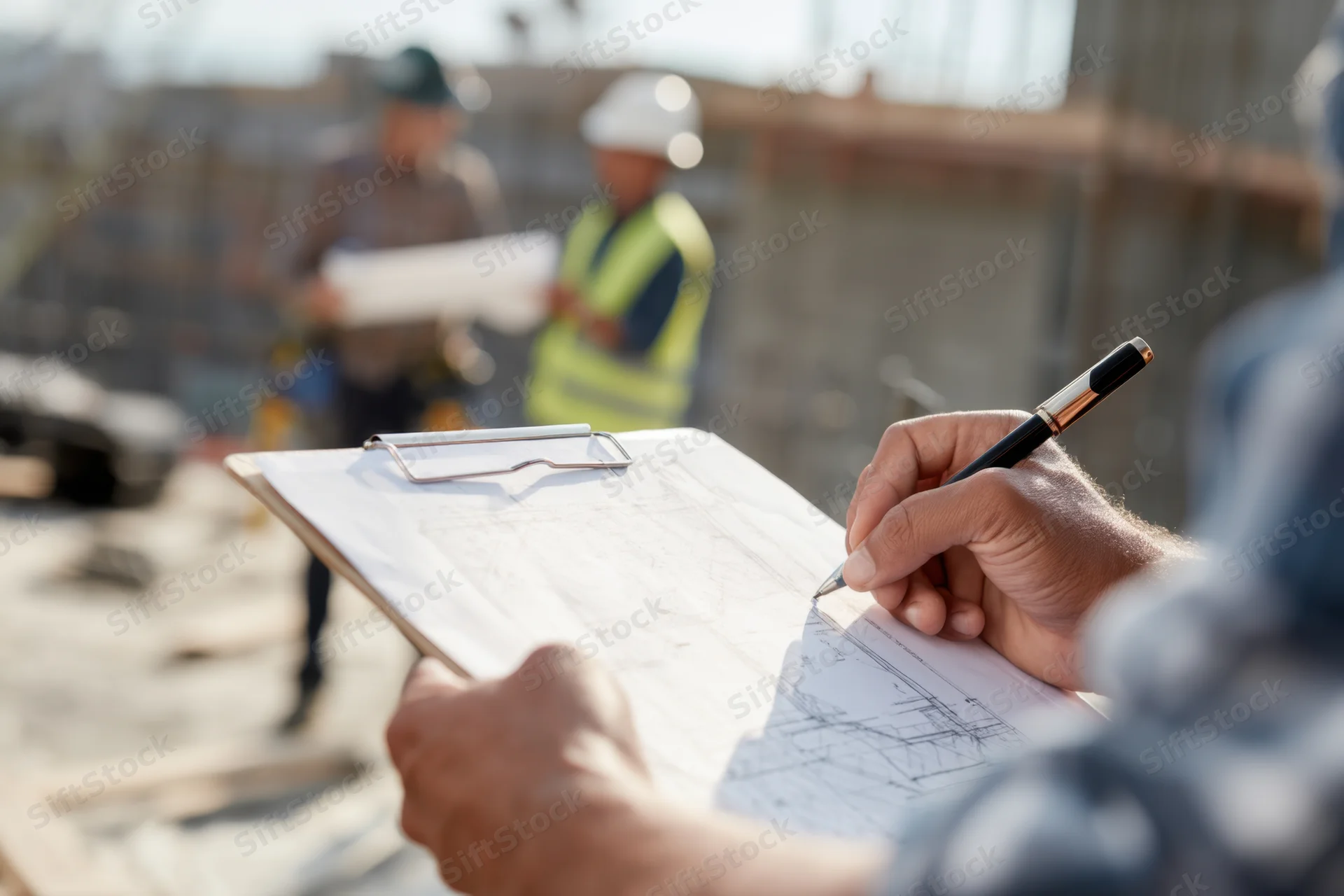 Engineer reviewing blueprint on clipboard at construction site