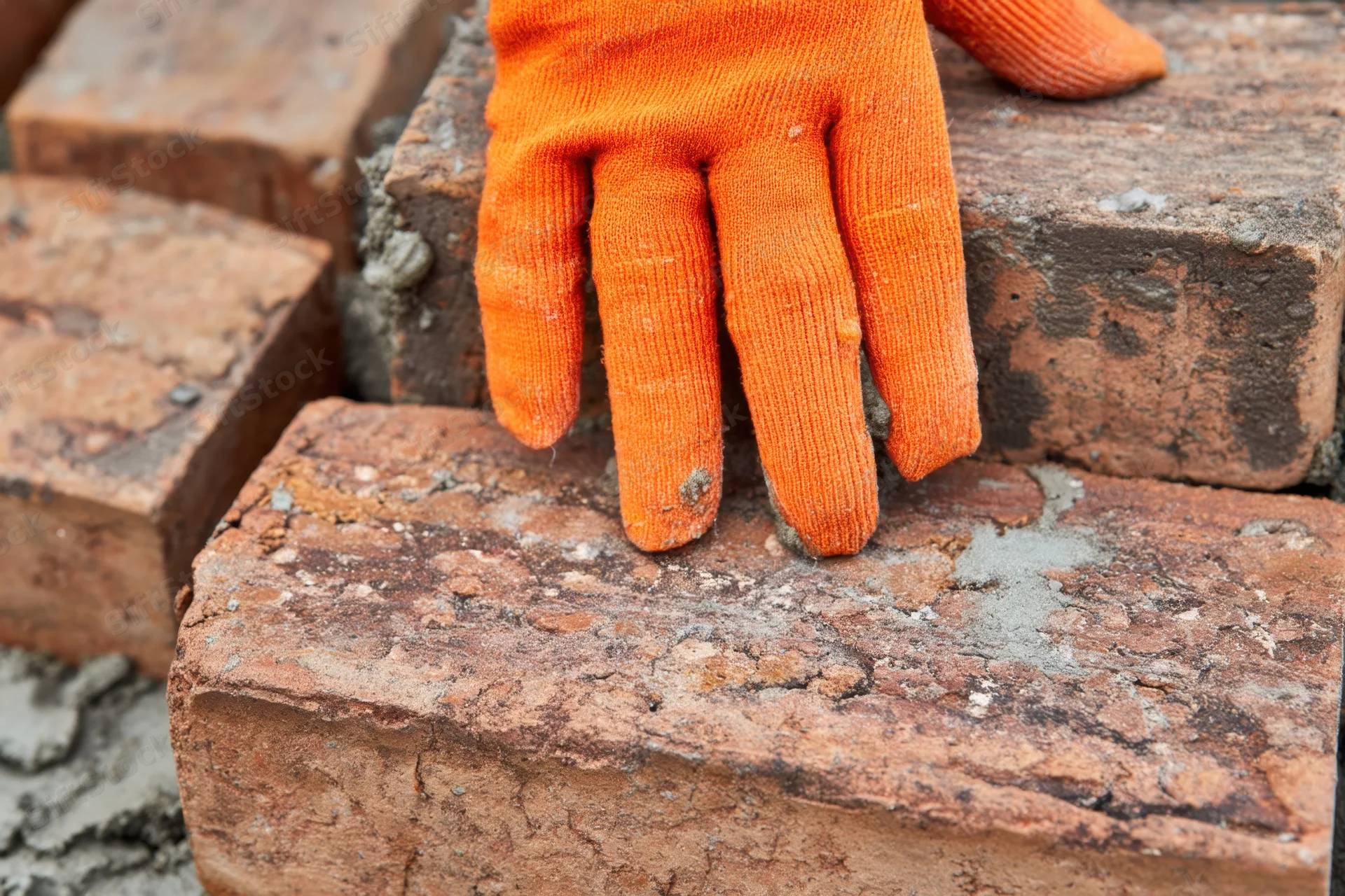 Hand in orange glove placing brick on mortar during construction work