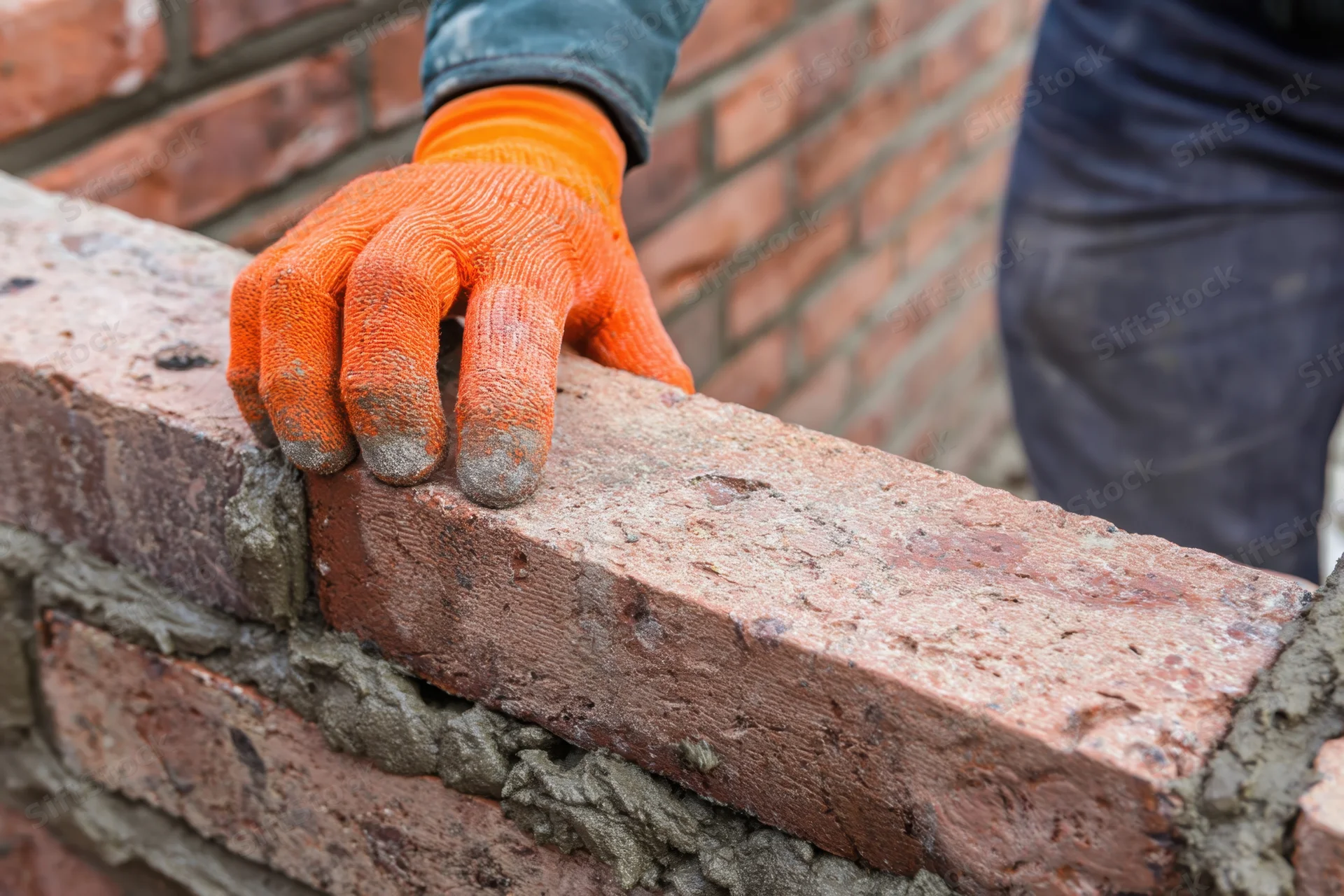 Bricklayer placing brick with orange glove on construction site