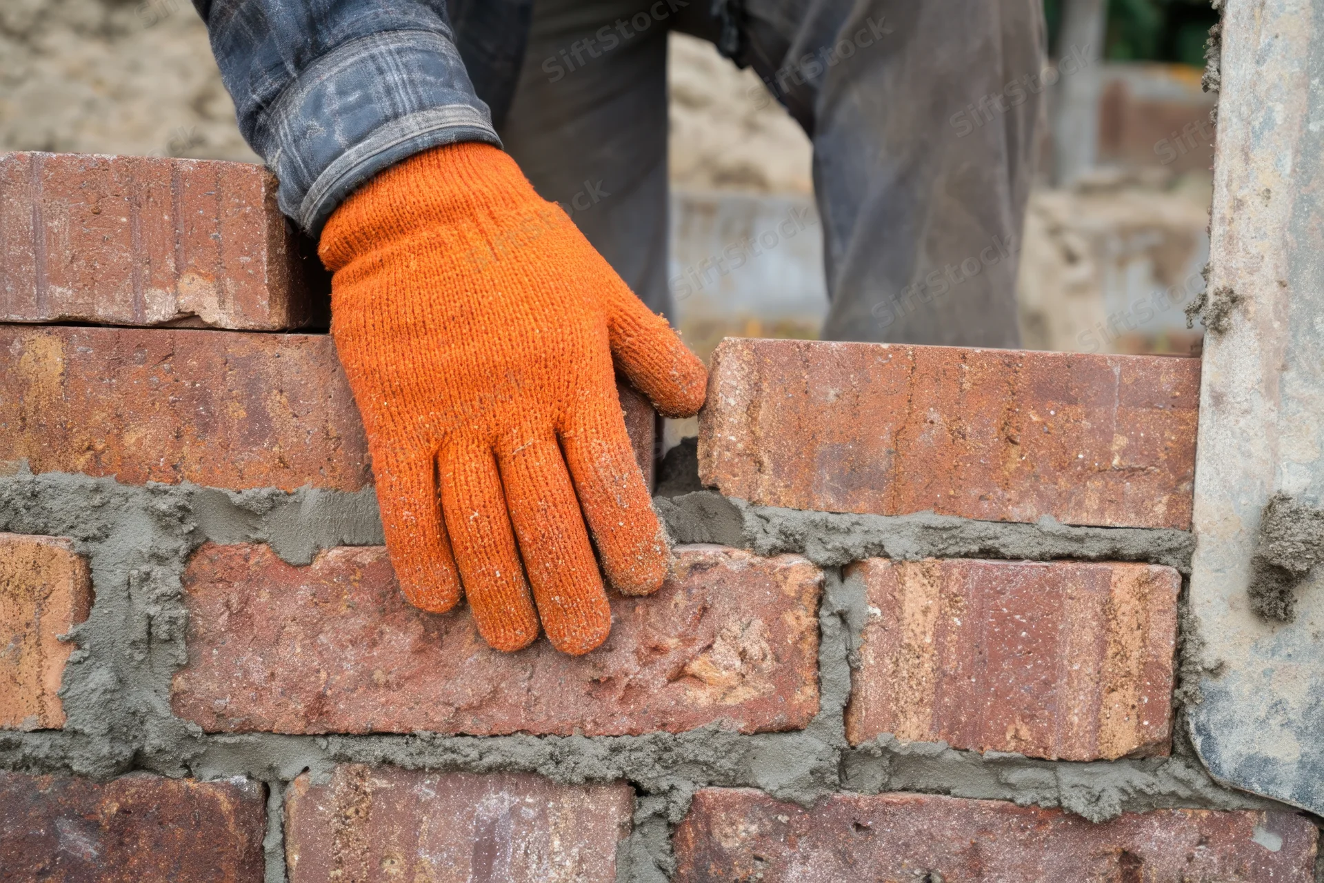 Construction worker laying bricks with orange glove on wall