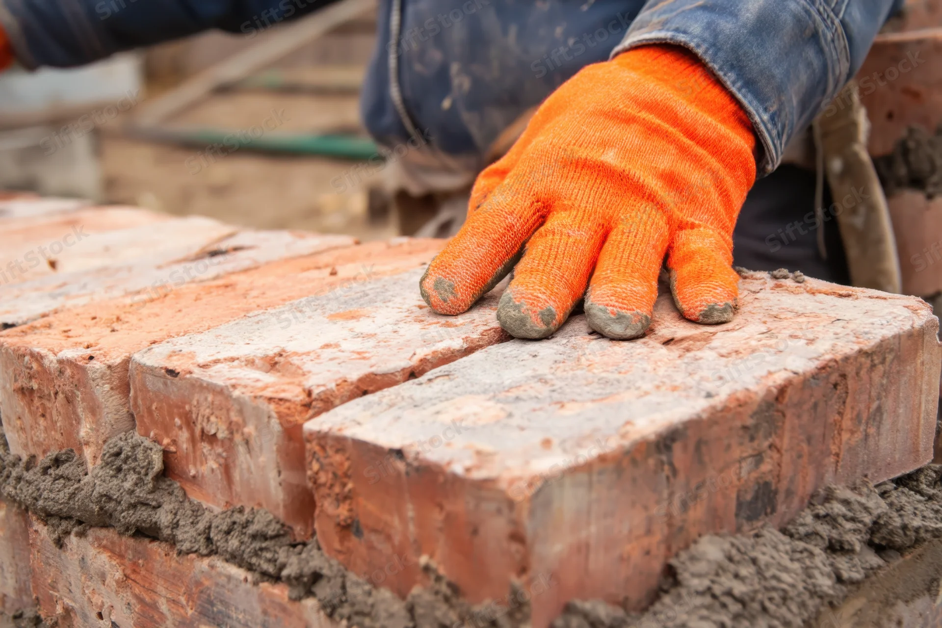 Bricklayer placing brick with orange glove on construction site