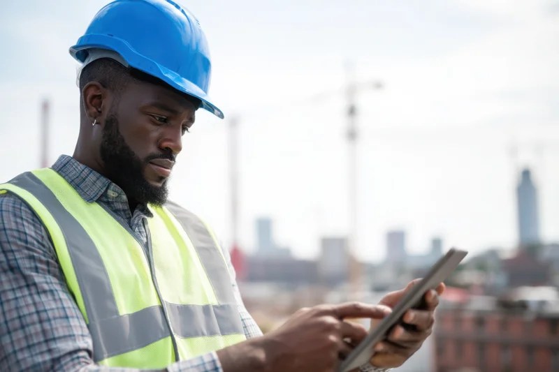 Construction worker in blue hardhat and yellow safety vest using tablet on building site with city skyline in background