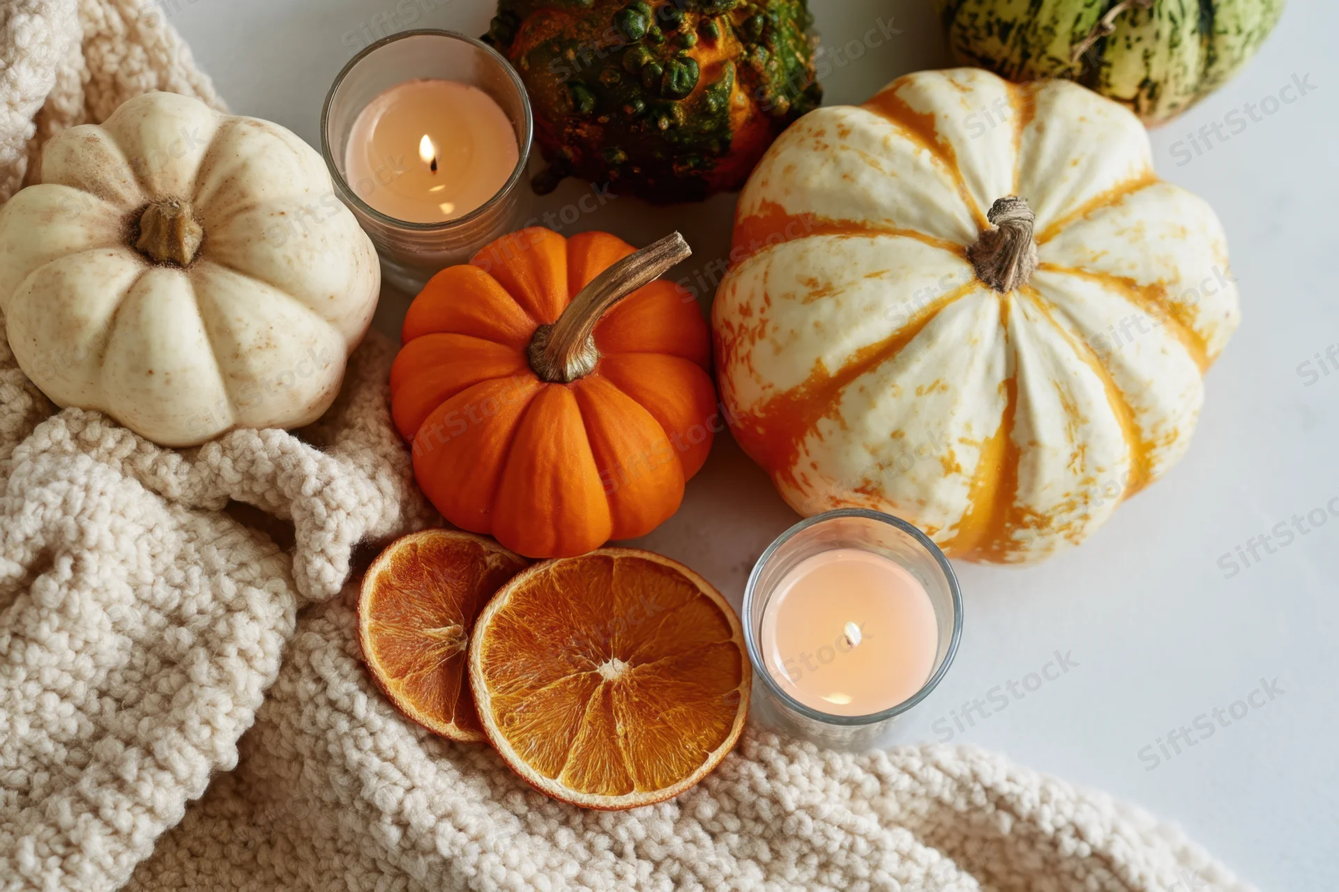 Autumn arrangement with pumpkins, candles, dried oranges, and a knit blanket on a table