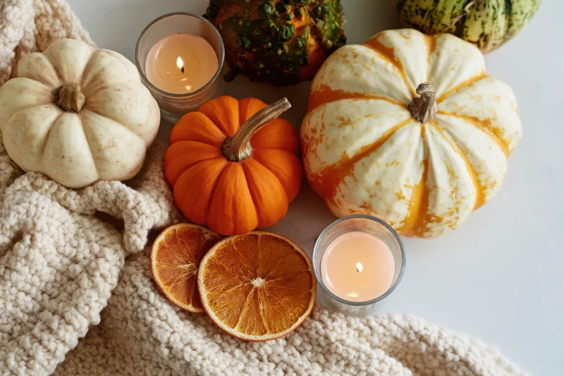 Autumn arrangement with pumpkins, candles, dried oranges, and a knit blanket on a table