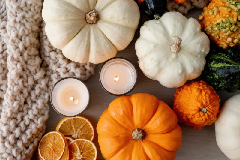 Autumn still life with pumpkins, candles, dried oranges, and knit fabric on wooden surface