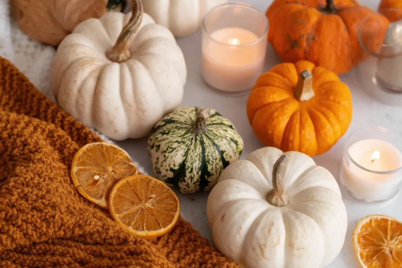 Autumn pumpkins and gourds arranged with candles and dried oranges on a knitted scarf on a table