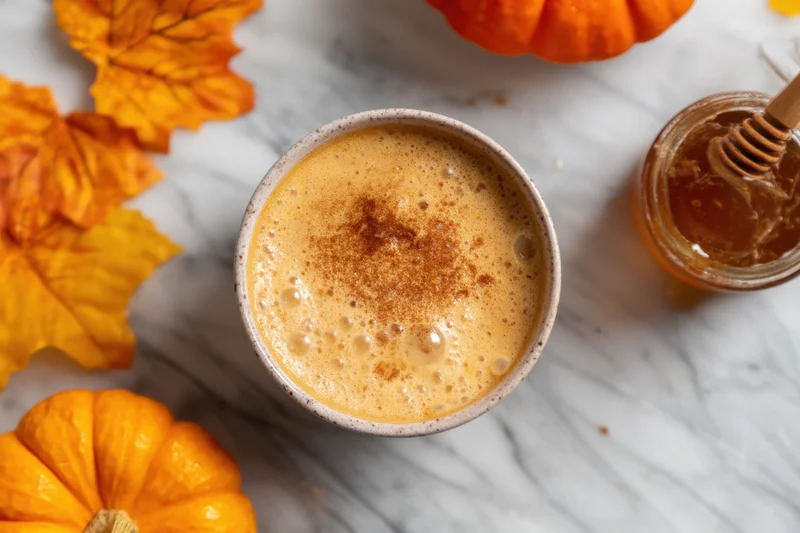 Frothy pumpkin beverage in a ceramic cup surrounded by autumn leaves and pumpkins on a marble surface