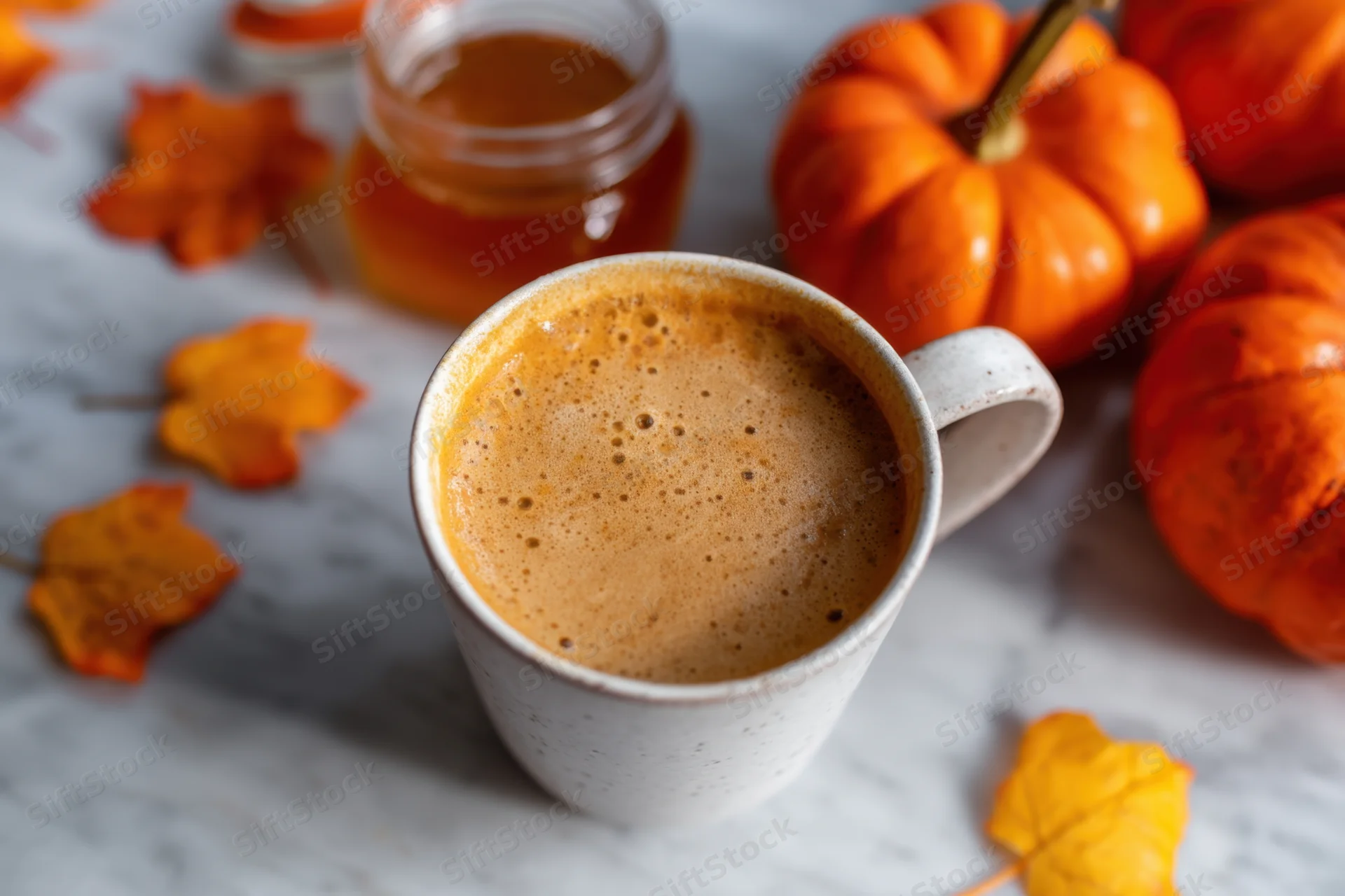 Frothy pumpkin coffee in a ceramic mug on a marble table surrounded by autumn leaves and small pumpkins