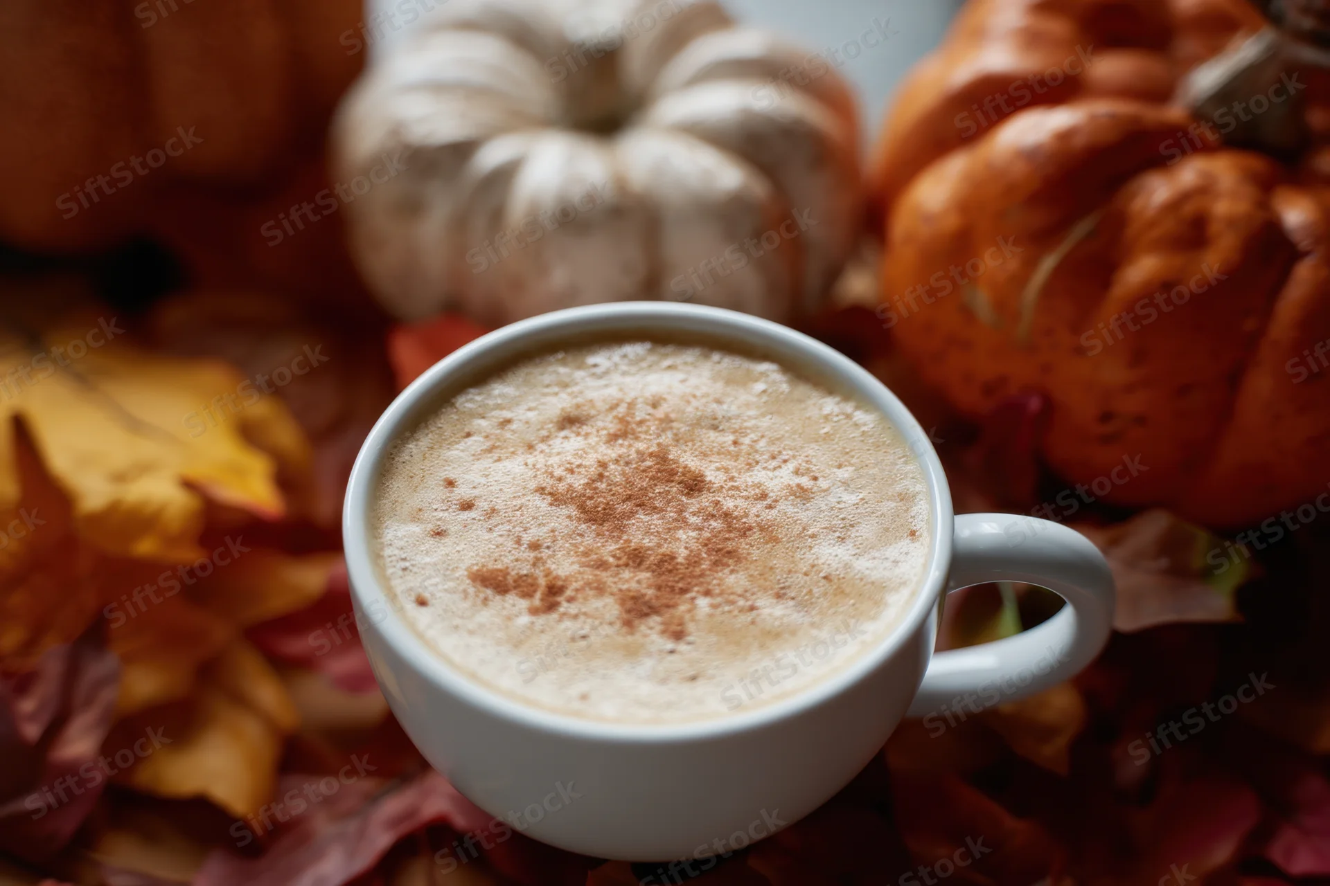 White coffee cup with frothy cinnamon latte nestled among pumpkins and autumn leaves on a table