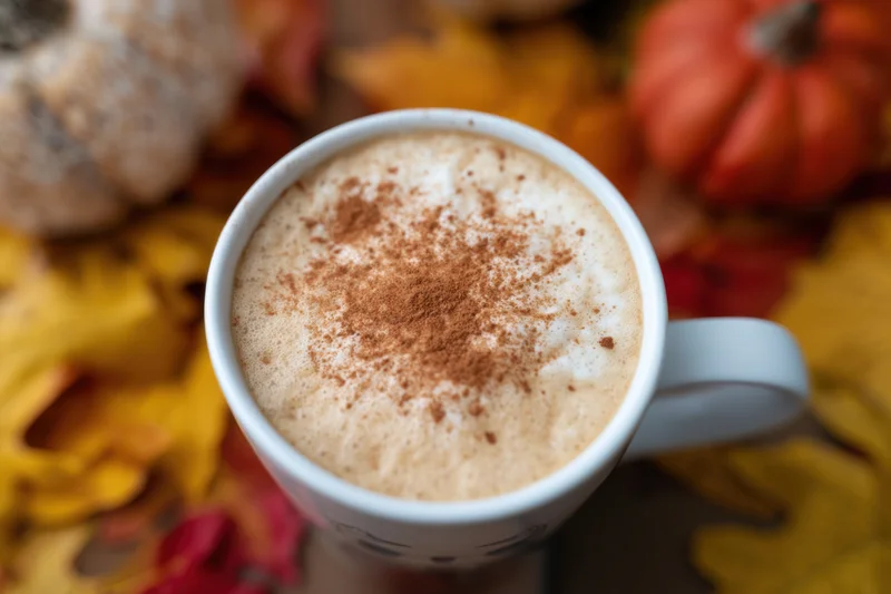 Coffee mug with frothy cinnamon topping on autumn leaves and pumpkins