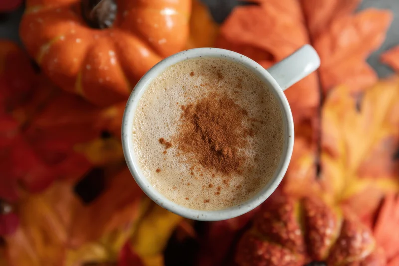 Coffee mug with frothy cinnamon topping surrounded by autumn leaves and pumpkins on a table