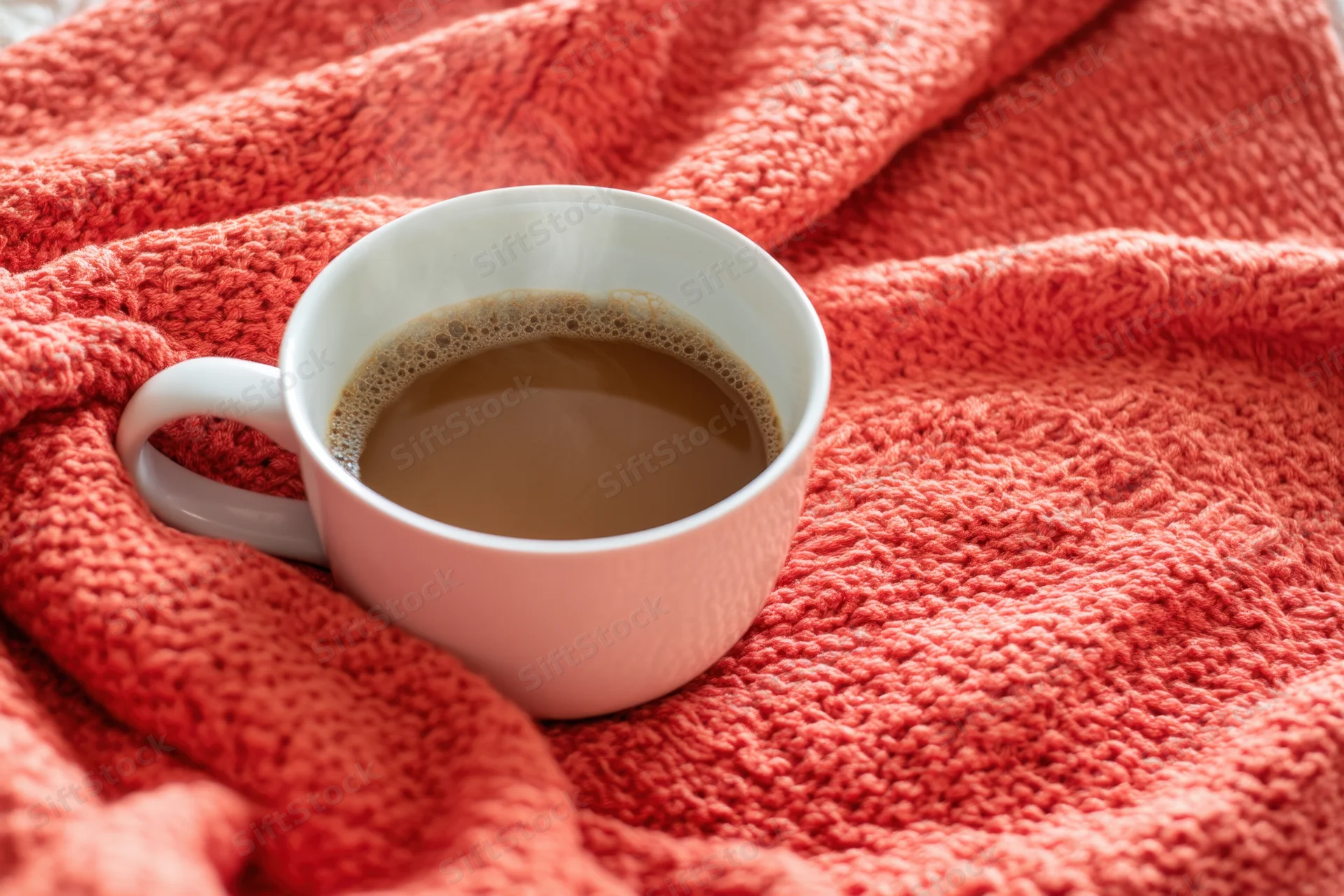 Steaming coffee cup resting on a knitted coral blanket