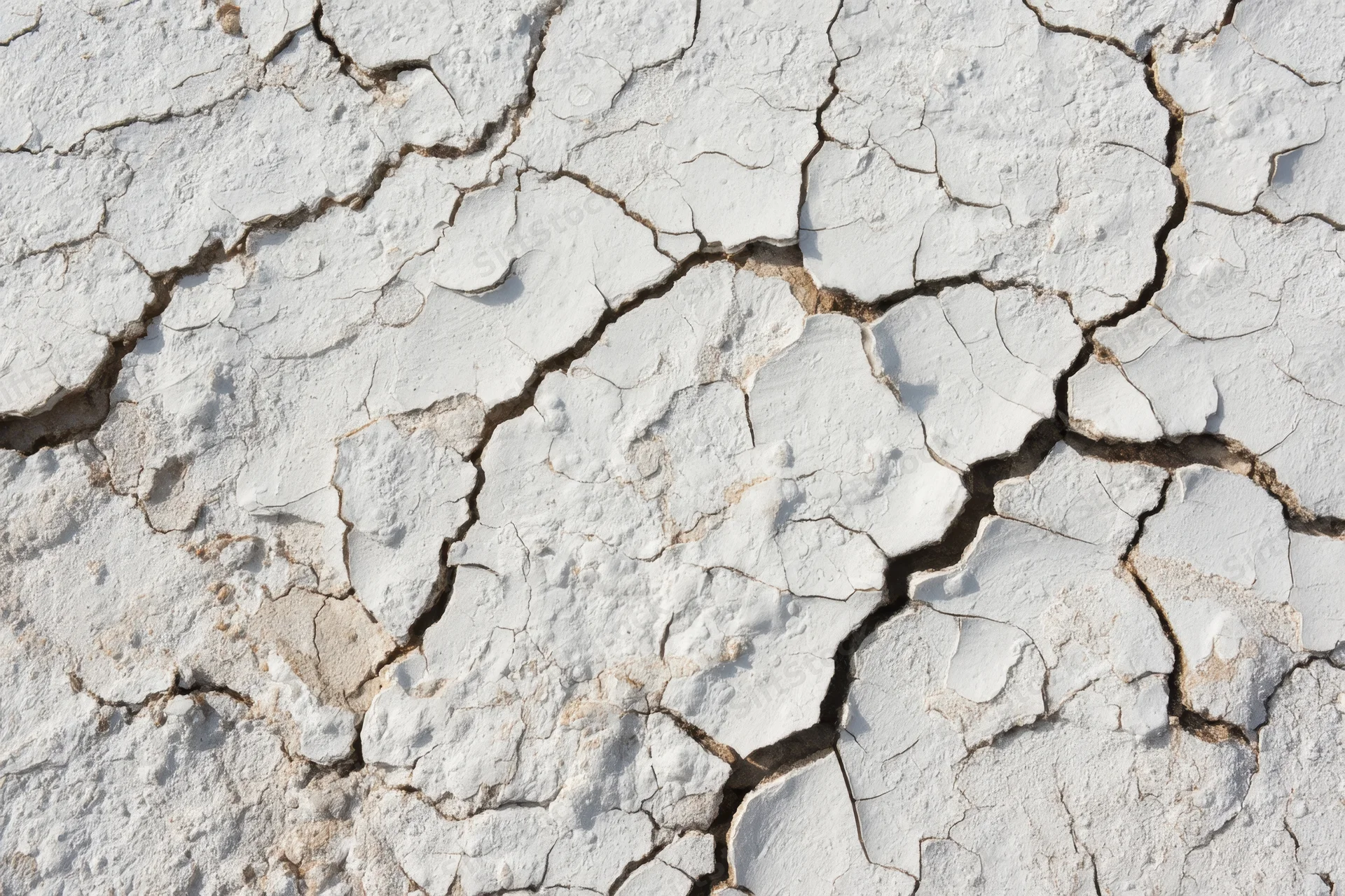 Cracked white dry soil surface showing intricate fissure patterns across arid ground