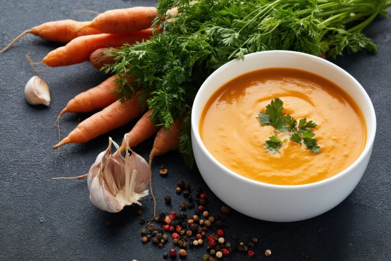 Creamy orange carrot soup in a white bowl garnished with fresh parsley, surrounded by whole carrots, garlic, and peppercorns on a dark stone surface