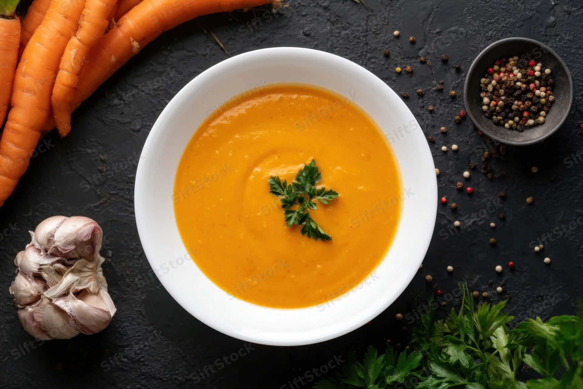 Creamy orange carrot soup in a white bowl garnished with fresh parsley on a dark surface surrounded by whole carrots, garlic, and peppercorns