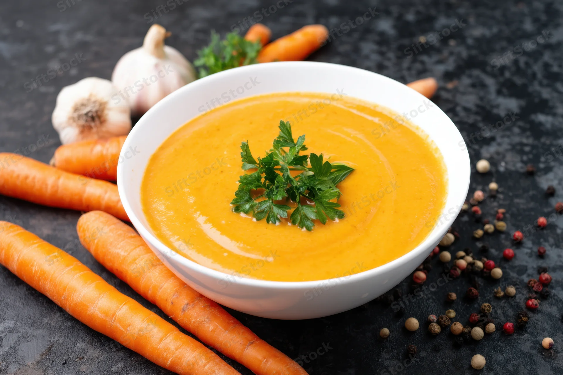 Creamy orange carrot soup in a white bowl garnished with fresh parsley on a dark surface surrounded by whole carrots, garlic, and peppercorns