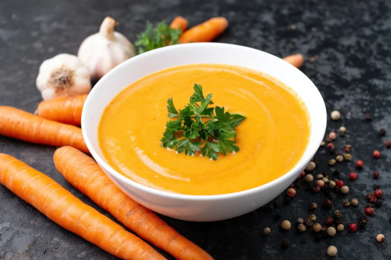Creamy orange carrot soup in a white bowl garnished with fresh parsley on a dark surface surrounded by whole carrots, garlic, and peppercorns