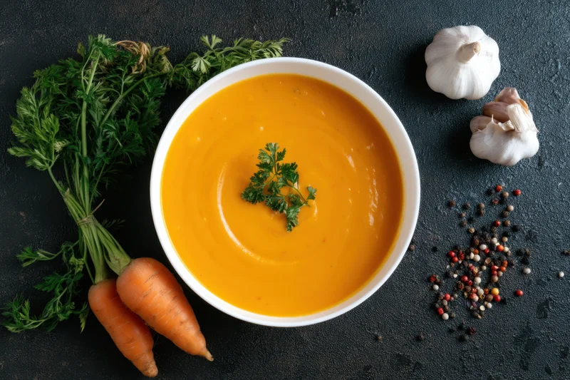 Creamy orange carrot soup in a white bowl garnished with parsley, surrounded by fresh carrots, garlic, and peppercorns on a dark surface