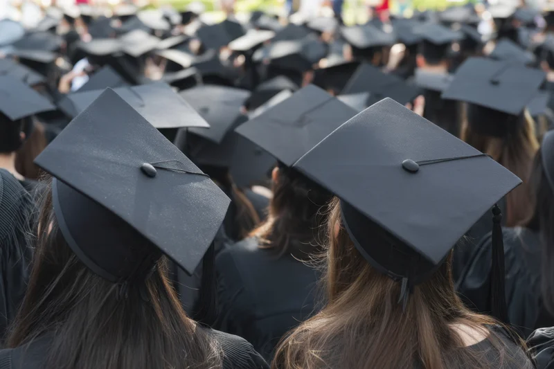 Graduates in black caps and gowns viewed from behind in a crowded outdoor ceremony