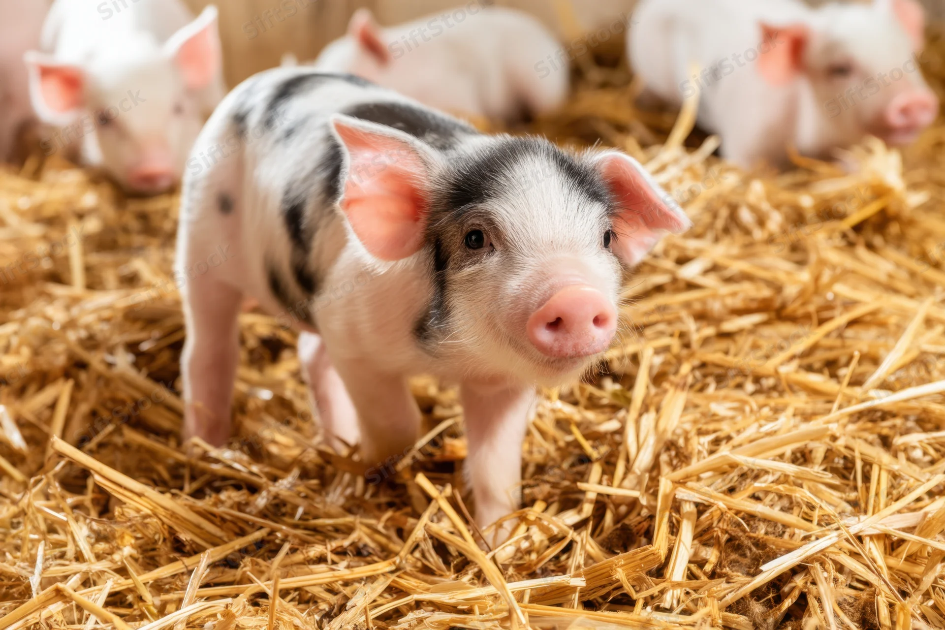 Curious piglet standing on straw in barn with other piglets in background