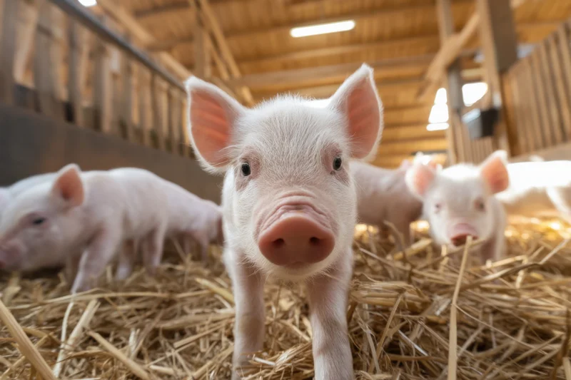 Curious piglet standing on straw in a barn with other piglets nearby