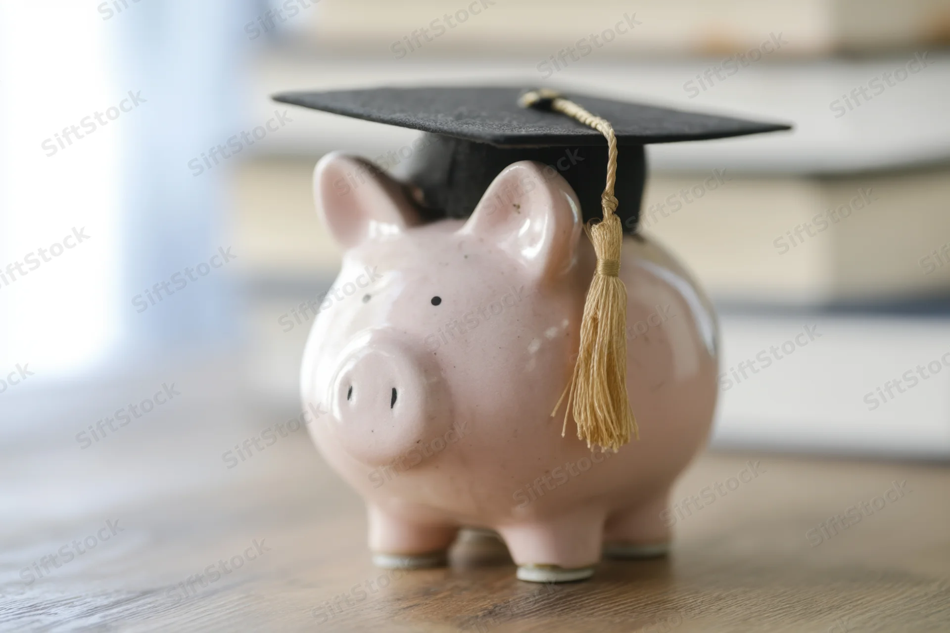 Pink ceramic piggy bank wearing black graduation cap with gold tassel on wooden table