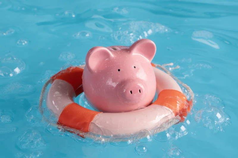 Pink piggy bank floating in clear blue water with lifebuoy around it
