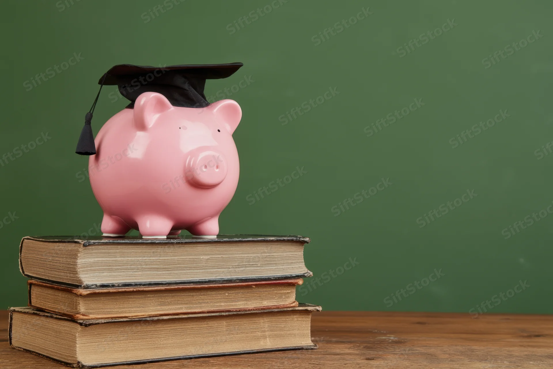 Pink piggy bank wearing graduation cap on stack of books on wooden table against green background
