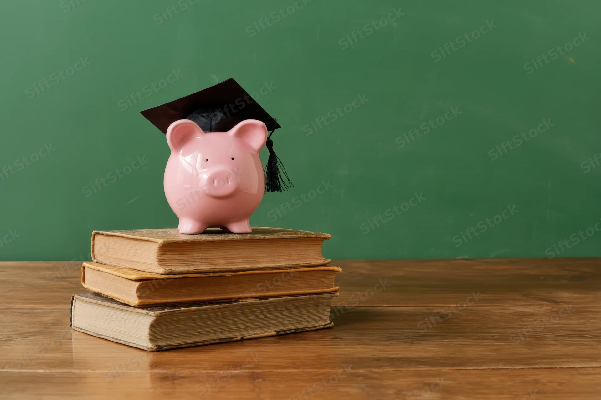 Pink piggy bank wearing graduation cap on stack of books on wooden table in front of green chalkboard