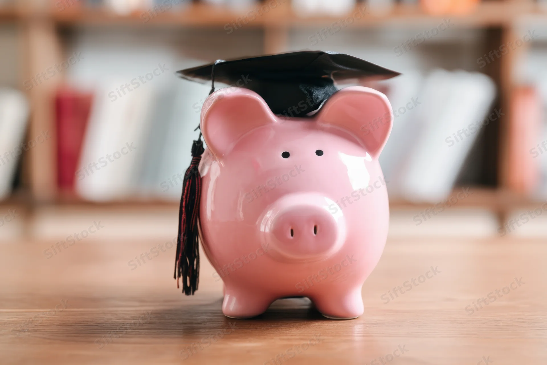 Pink piggy bank wearing graduation cap on wooden table with bookshelf in background