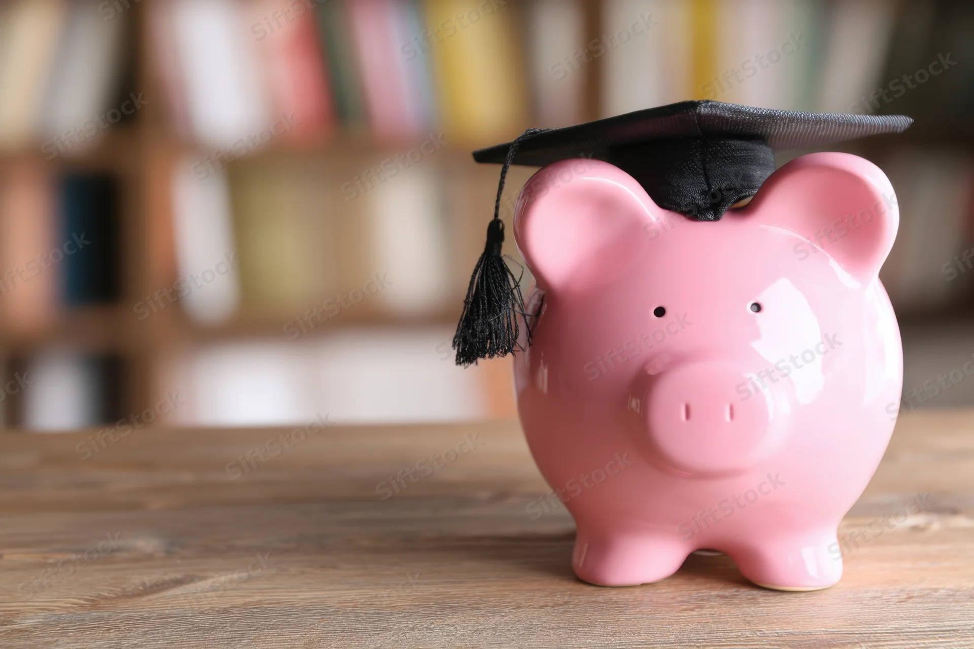Pink piggy bank wearing graduation cap on wooden table with bookshelf in background