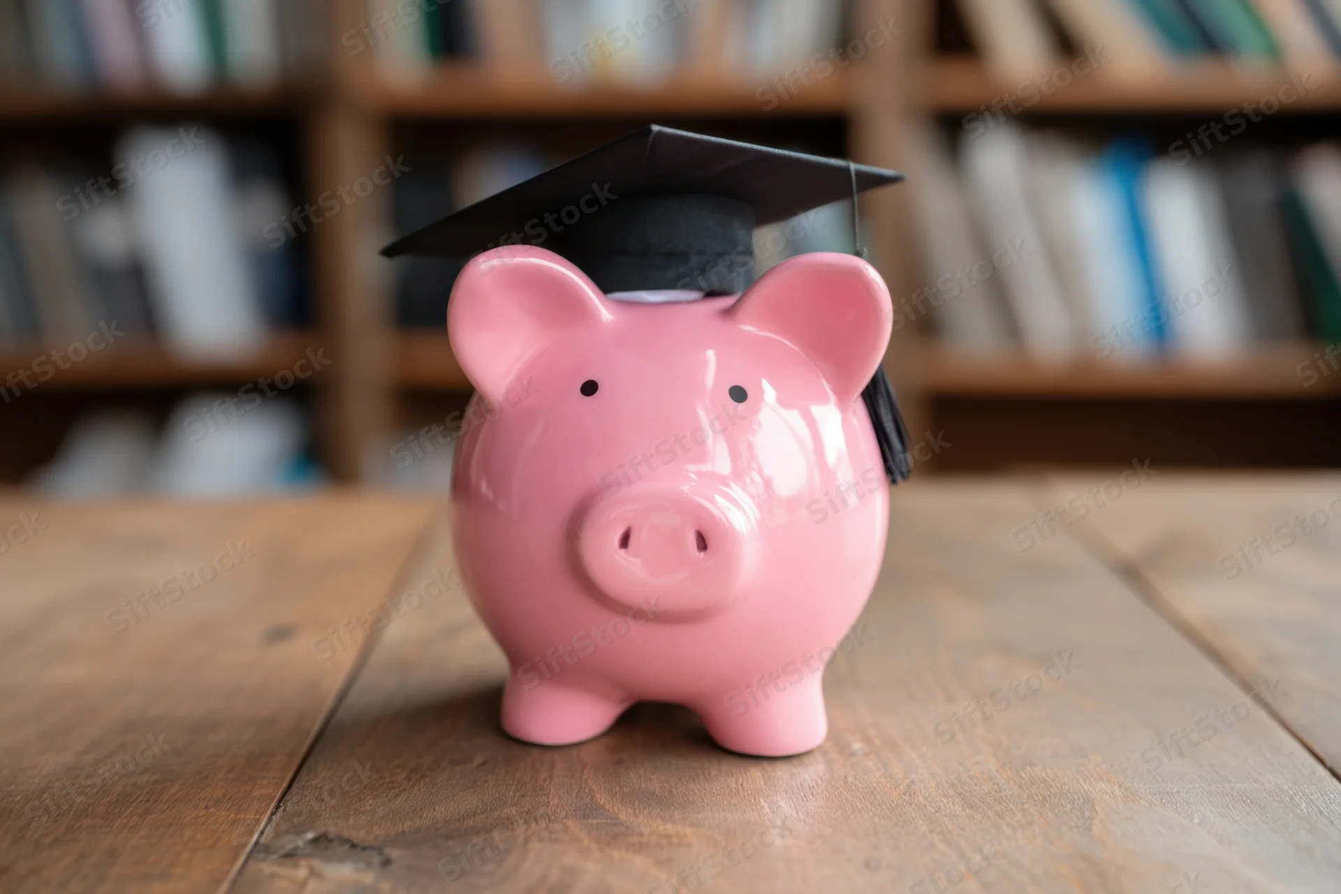 Pink piggy bank wearing graduation cap on wooden table with bookshelf in background