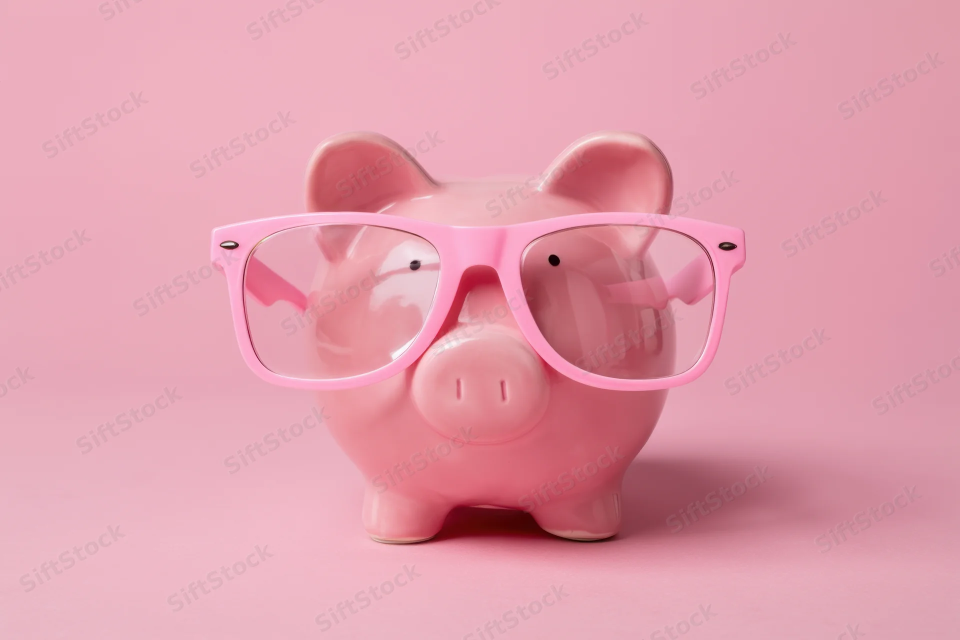 Pink piggy bank wearing oversized pink glasses on a solid pink background