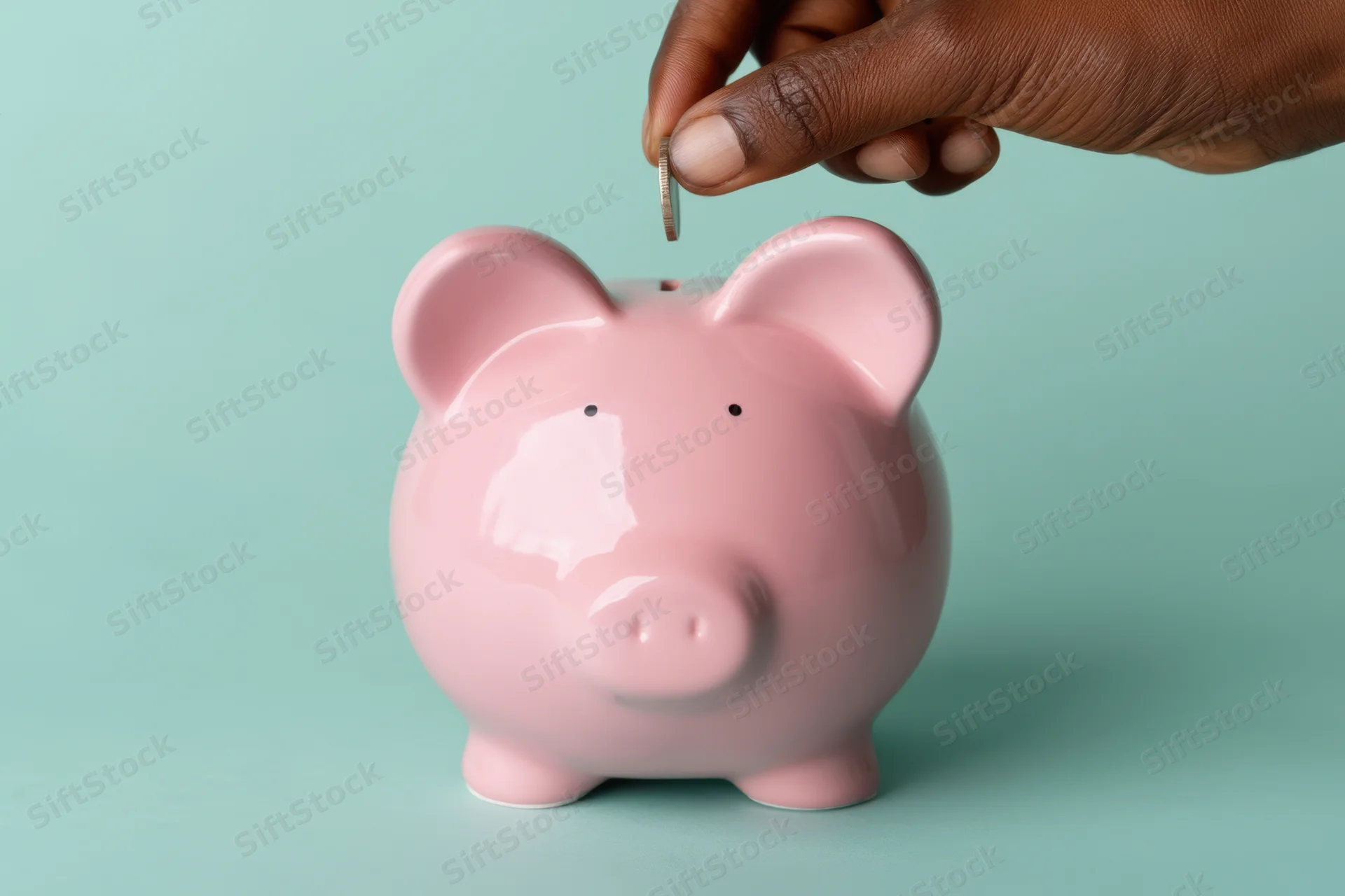 Hand placing coin into pink ceramic piggy bank on teal background