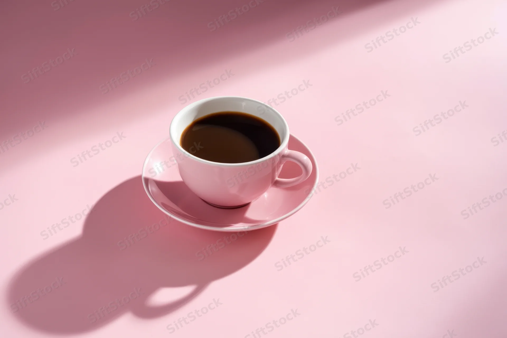 Pink ceramic cup with dark coffee on saucer on pink surface under sunlight casting shadow