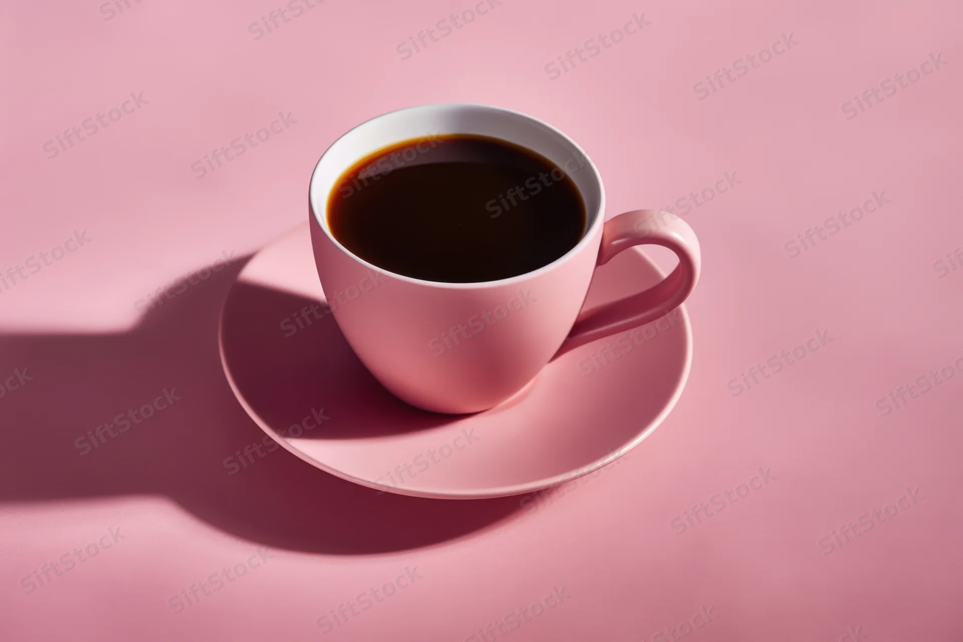Pink ceramic cup with dark coffee on matching saucer on pink surface