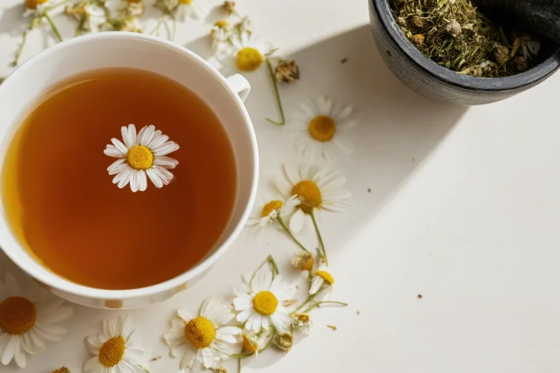 White cup filled with amber chamomile tea with floating daisy flower on white surface surrounded by dried herbs and scattered flowers
