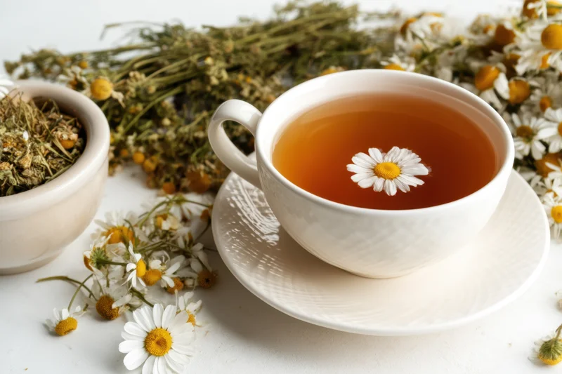 White ceramic cup filled with amber chamomile tea and a floating flower on a saucer surrounded by dried herbs and blooms
