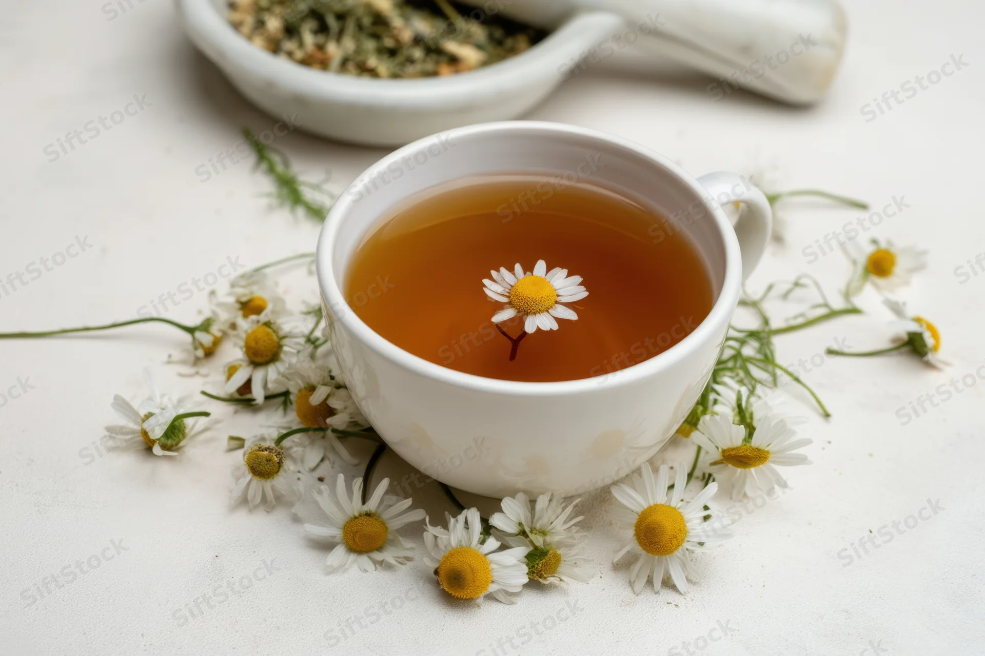 White cup filled with amber chamomile tea with floating flower and scattered blooms around it on white surface