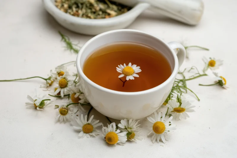 White cup filled with amber chamomile tea with floating flower and scattered blooms around it on white surface