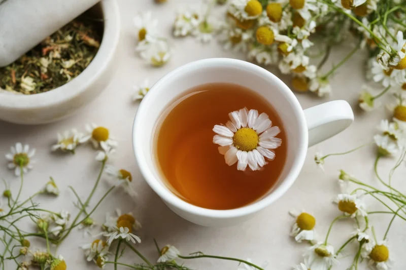 White cup filled with amber chamomile tea and floating daisy flower on light surface surrounded by fresh chamomile blooms and dried herbs in mortar
