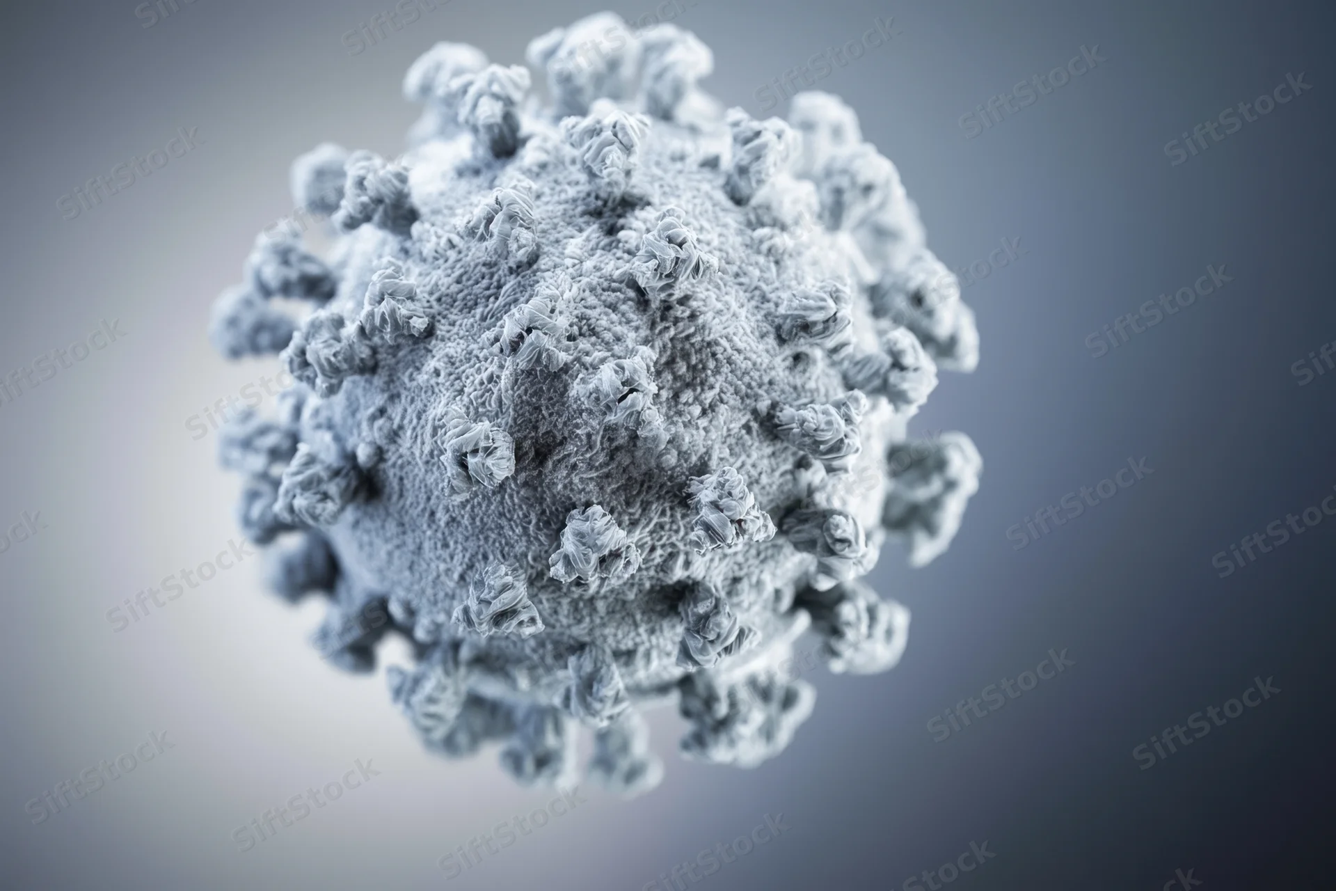 Detailed 3d render of a spherical virus with spike proteins on a gradient background