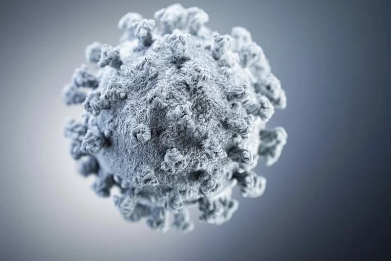 Detailed 3d render of a spherical virus with spike proteins on a gradient background